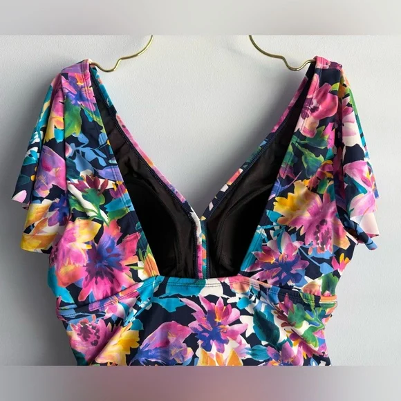 Swim Solutions Women's Garden Dreams Flutter-Sleeve One-Piece Swimsuit Size 14